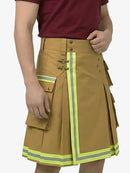 Brown kilt with reflective yellow stripes worn by a person on a white background