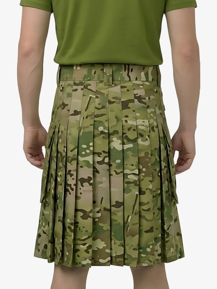 Person wearing a green pleated skirt with a camouflage pattern on a white background