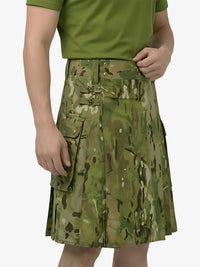 Person wearing a green camouflage skirt on a white background