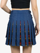 Blue pleated skirt with plaid pattern underneath on a white background