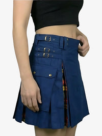 Blue kilt with silver buckles worn by a person on a white background