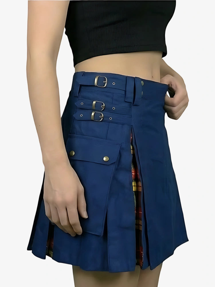 Blue kilt with silver buckles worn by a person on a white background