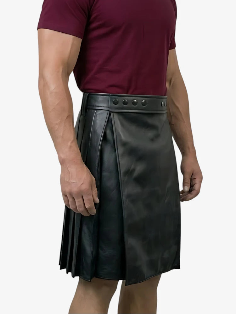 Custom Made Pleated Black Leather Kilt