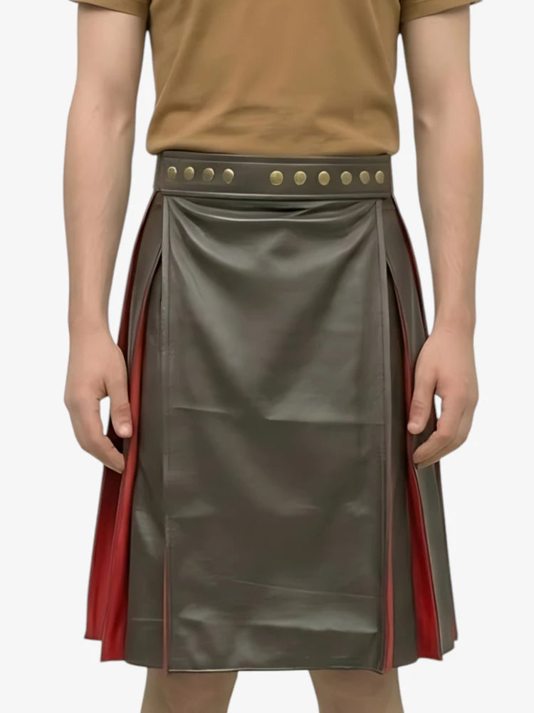 Custom Made Pleated Black & Red Leather Kilt