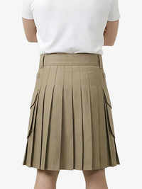Person wearing a beige pleated skirt on a white background