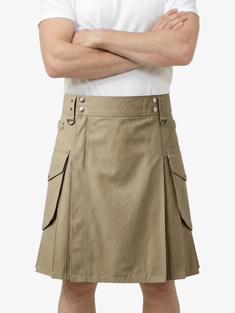 Person wearing a beige cargo skirt on a white background