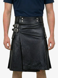 Black leather kilt with silver buckles on a plain background