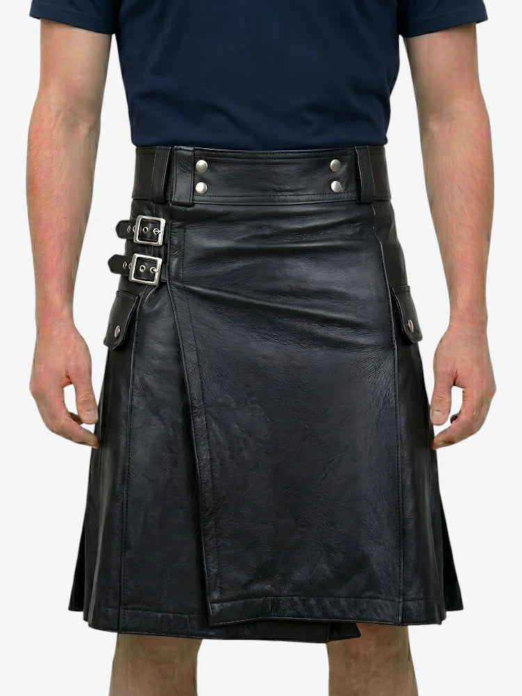 Custom Made Pure Black Stylish Leather Kilt