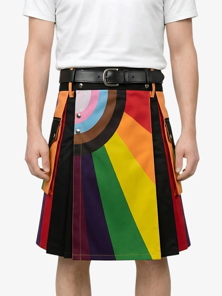 Person wearing a colorful striped skirt with a white shirt on a plain background