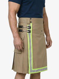 Person wearing a beige kilt with reflective stripes on a white background