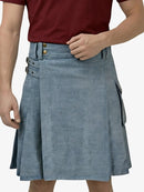 Person wearing a blue kilt with a plain background