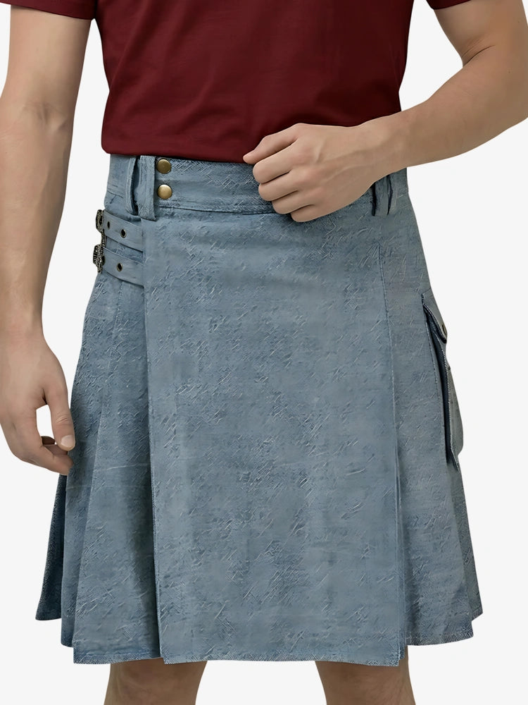 Person wearing a blue kilt with a plain background