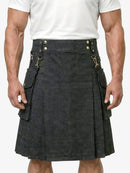 Person wearing a gray kilt on a white background