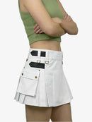 Person wearing a white skirt with black accents on a white background