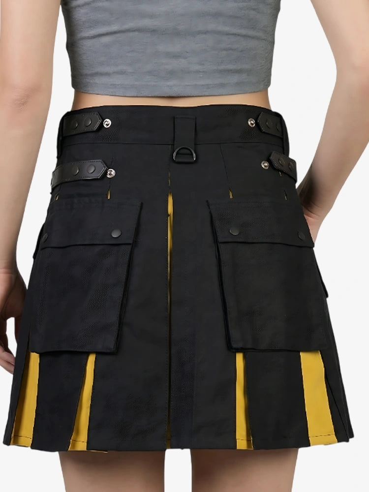 Black cargo skirt with yellow accents worn by a person on a white background