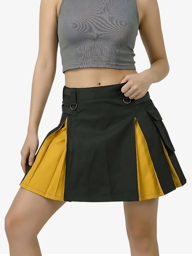 Woman wearing a black and yellow skirt on a white background
