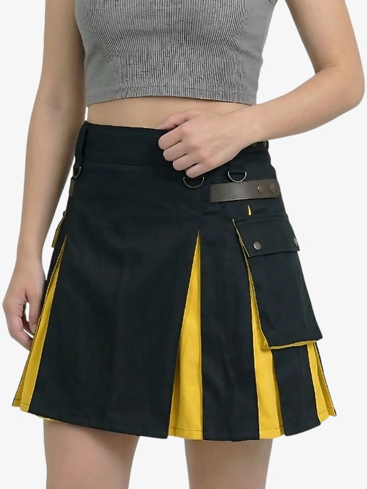 Black and yellow skirt with a brown belt on a white background