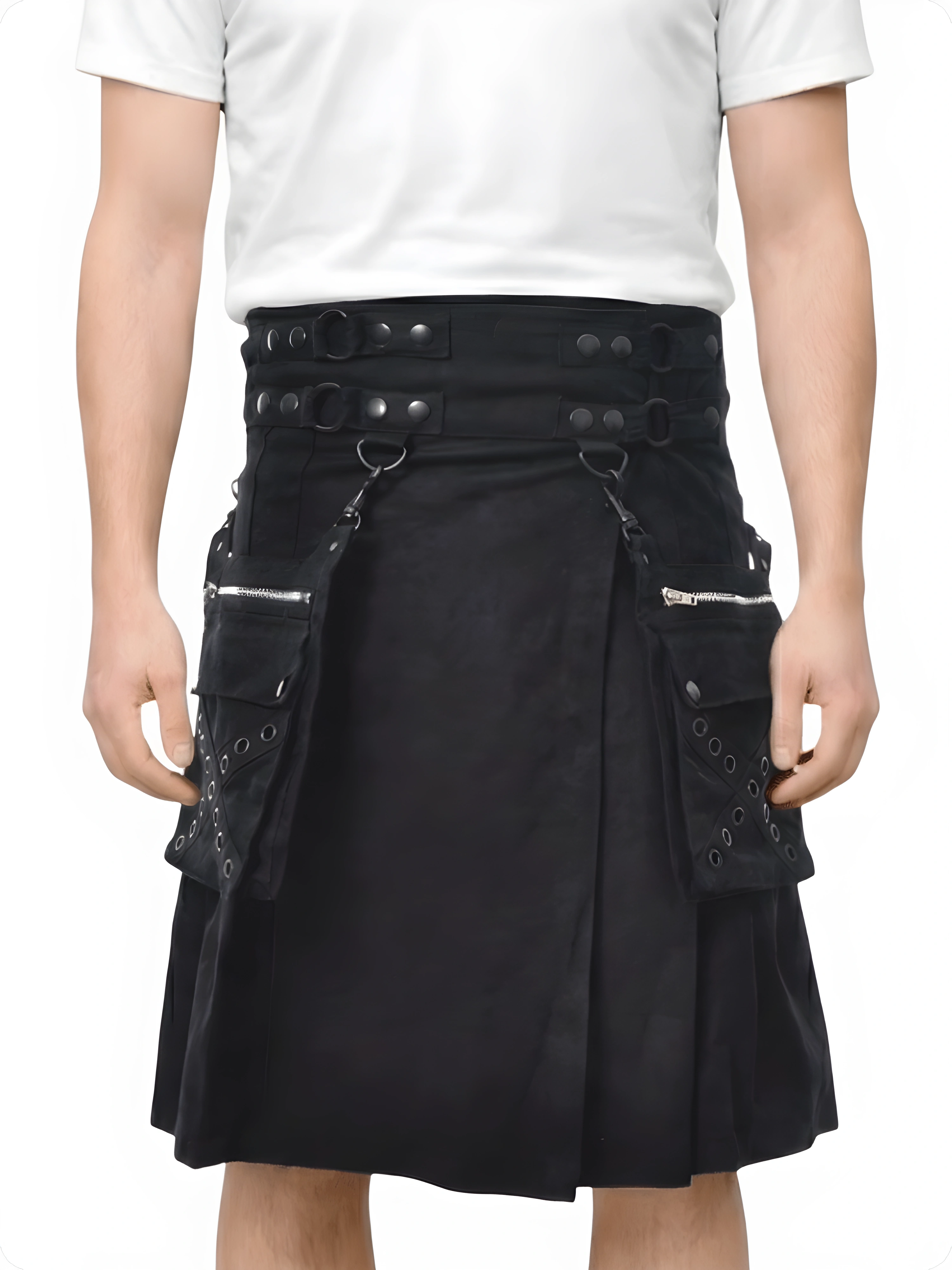 Casual Black Utility Kilt with Two Front Pockets