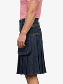 Person wearing a blue denim kilt on a white background