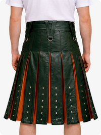 Dark Green pleated skirt with brown accents worn by a person on a white background