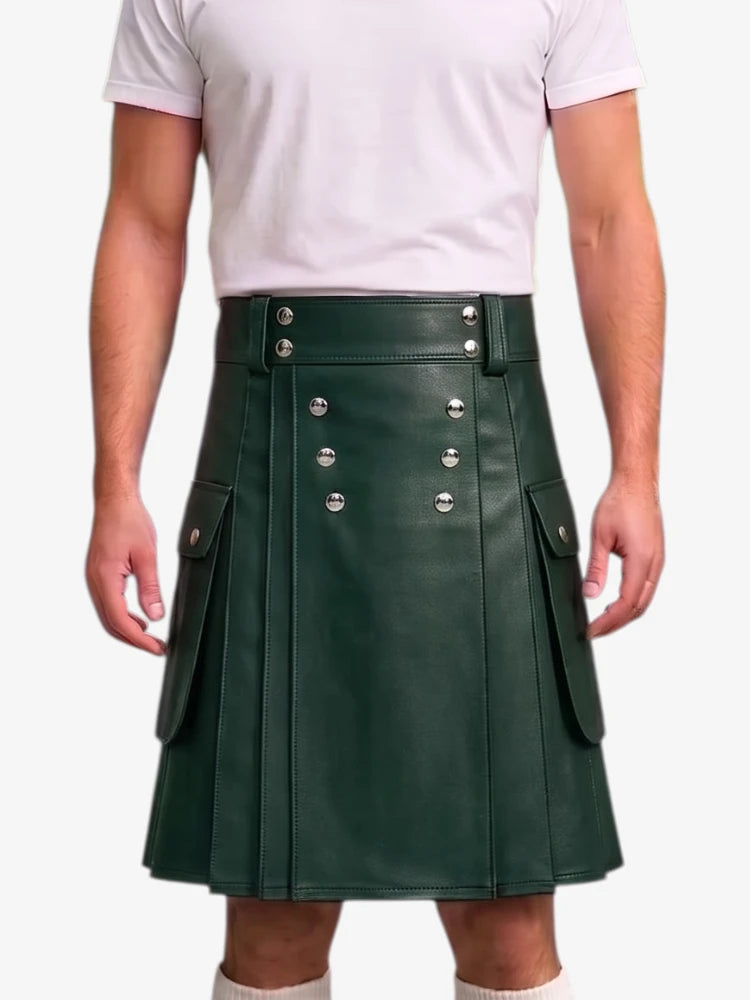 A dark green faux-leather kilt with silver-tone metal snap buttons and side flap pockets, worn by a model in a white t-shirt against a light gray background.
