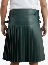 Dark Green leather skirt with a front pocket on a white background