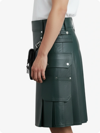 Dark Green leather skirt with a front pocket on a white background