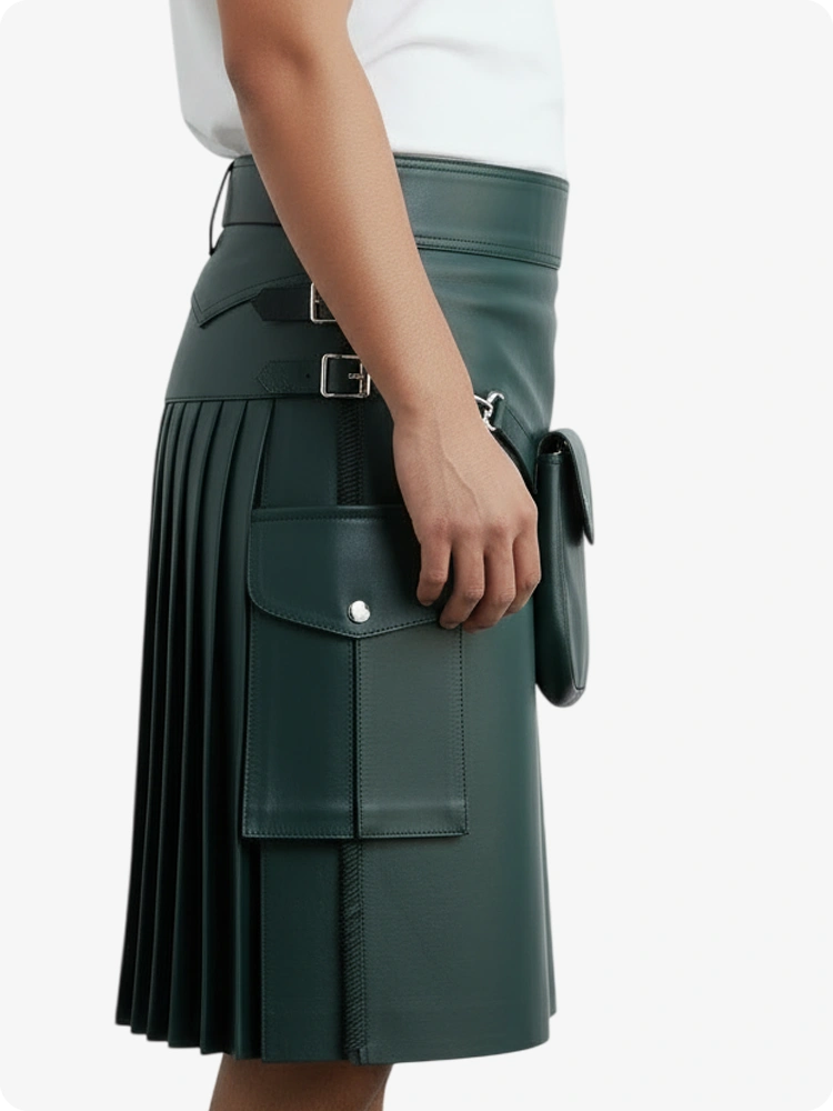 Dark Green Leather Pleated Kilt with Belt Loops & Side Straps