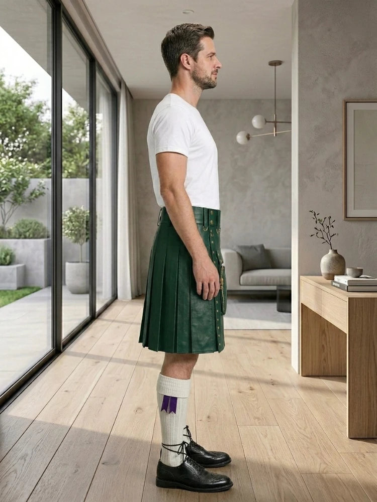 Dark Green Leather Utility Kilt Right Side