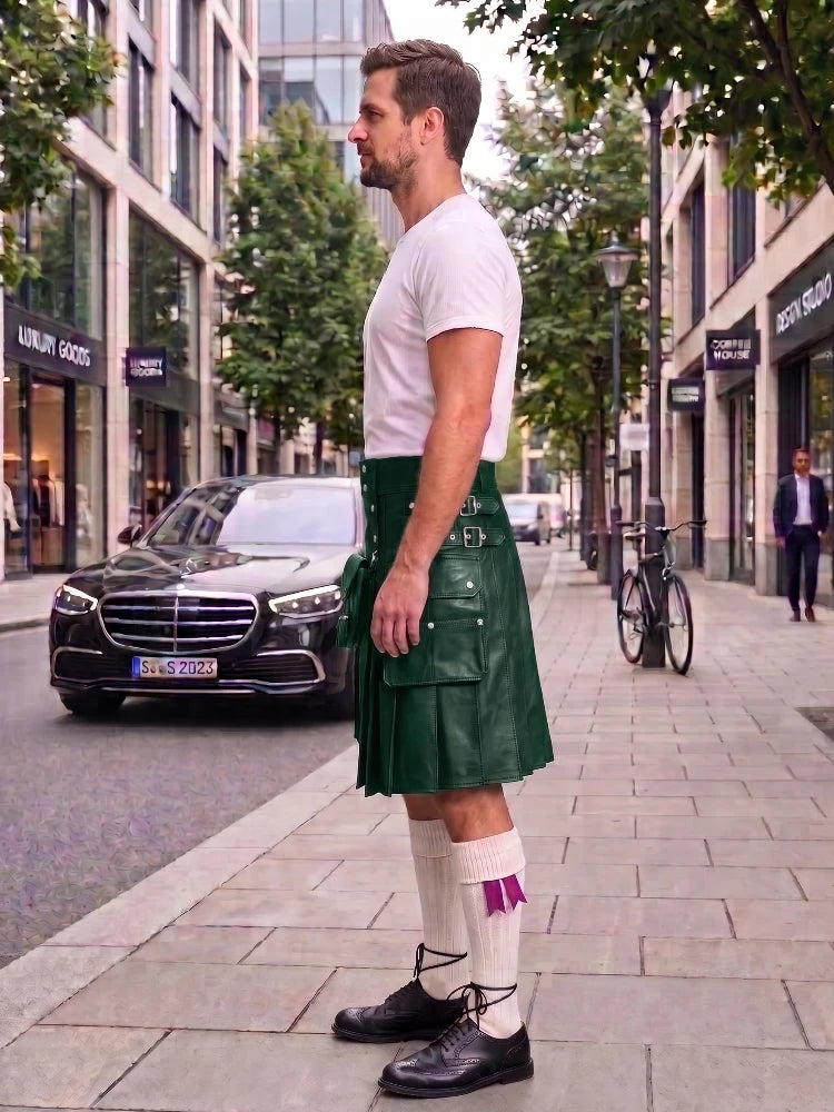 A man standing on a city sidewalk wearing a bright green leather kilt, a white t-shirt, white knee-high socks, and black leather shoes. A black Mercedes-Benz car is parked on the street behind him, with trees and storefronts in the background.