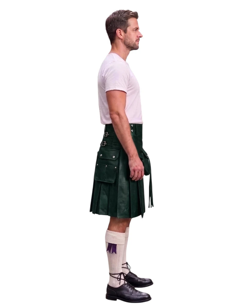 A man shown in profile wearing a dark green leather kilt, a white t-shirt, white knee-high socks, and black leather shoes, against a plain white background.