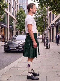 A man standing on a city sidewalk wearing a dark green leather kilt, a white t-shirt, white knee-high socks, and black leather shoes. A black Mercedes-Benz car is parked on the street behind him.