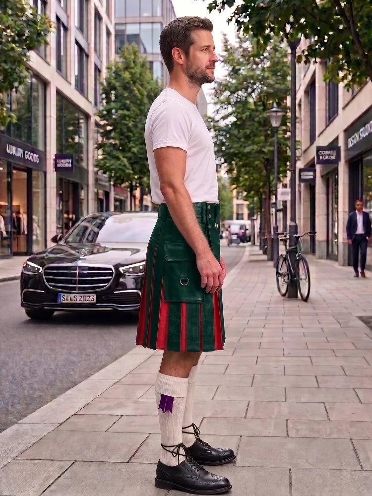 A man standing on a city sidewalk wearing a green kilt with red and white stripes, a white t-shirt, white socks, and black leather shoes. The background shows a street with buildings, a parked black car, and a bicycle.