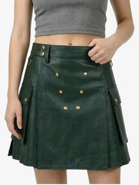 Green leather skirt with gold buttons worn by a person on a white background