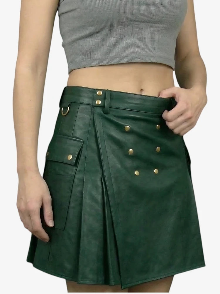 Handcrafted Dark Green Women Leather Utility Kilt