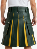 Green and yellow pleated kilt worn by a person on a white background