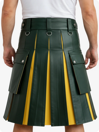 Green and yellow pleated kilt worn by a person on a white background