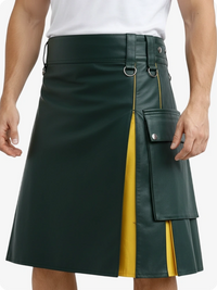 Green and yellow kilt worn by a person on a white background