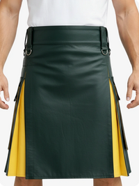 Green and yellow kilt worn by a person on a white background