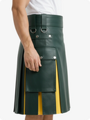 Green leather kilt with yellow accents on a white background