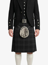 Person wearing a black kilt with a silver sporran on a white background