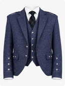 Blue tweed suit jacket with vest and tie on a white background