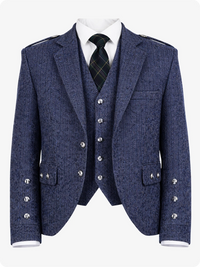 Blue tweed suit jacket with vest and tie on a white background