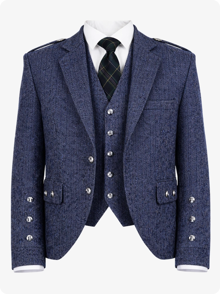 Blue tweed suit jacket with vest and tie on a white background