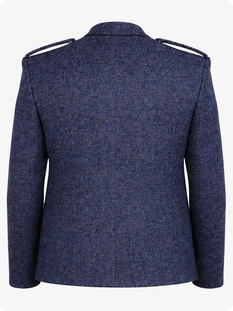 Blue military-style jacket on a white background
