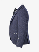 Blue blazer with textured pattern on a white background