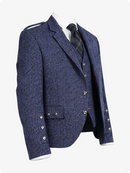 Blue tweed jacket with silver buttons on a white background