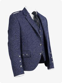 Blue tweed jacket with silver buttons on a white background
