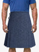 Person wearing a blue kilt on a white background