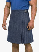 Person wearing a blue herringbone kilt on a white background